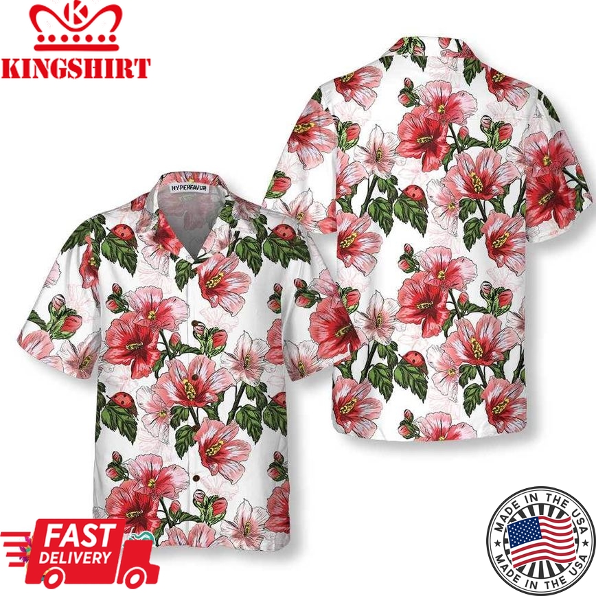 Hibiscus With Ladybug Seamless Pattern Hawaiian Shirt, Short Sleeve Red Hibiscus Shirt