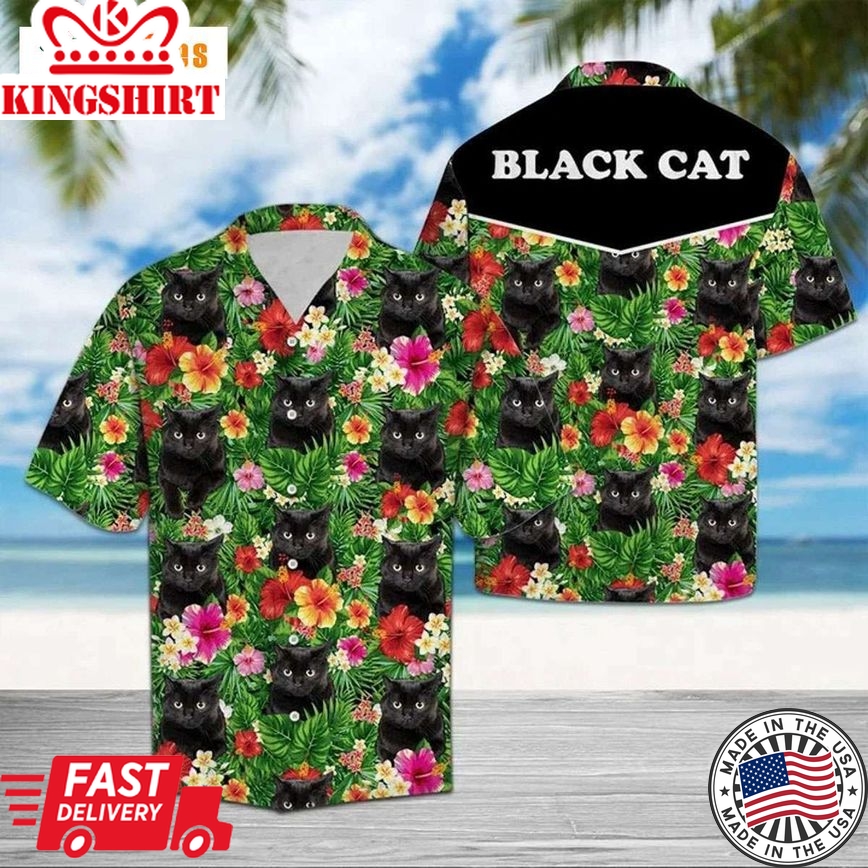 Hiding Black Cat And Flower Tropical Flower Leaves, Cat Trendy Hawaiian Shirt Perfect Gifts For Your Loved Ones