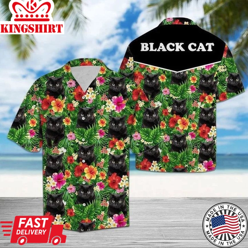 Hiding Black Cat And Flower Tropical Flower Leaves Hawaiian Shirt