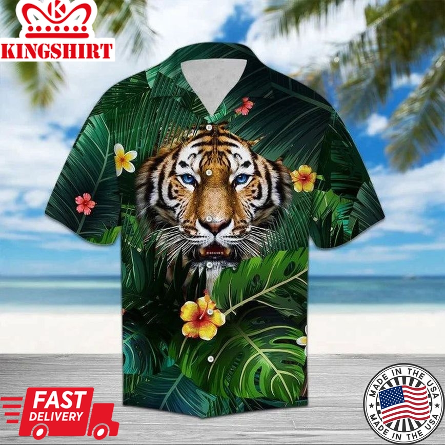 Hiding Tiger In Flower And Leaves Hawaiian Shirt, Short Sleeve Hawaiian Aloha Shirt For Men And Women