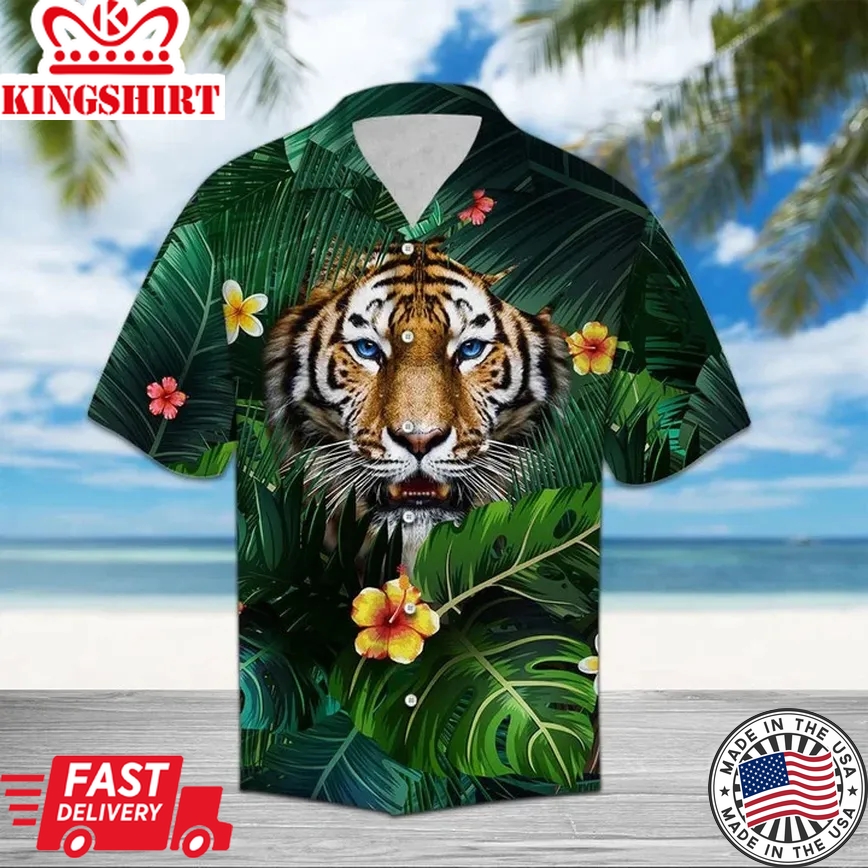 Hiding Tiger In Flower And Leaves Trendy Hawaiian Shirt, Short Sleeve Hawaiian Aloha Shirt For Men And Women