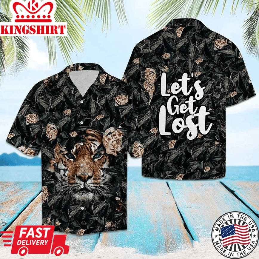 Hiding Tiger Let?S Get Lost Tropical Hibiscus On Black Pattern Trendy Hawaiian Shirt