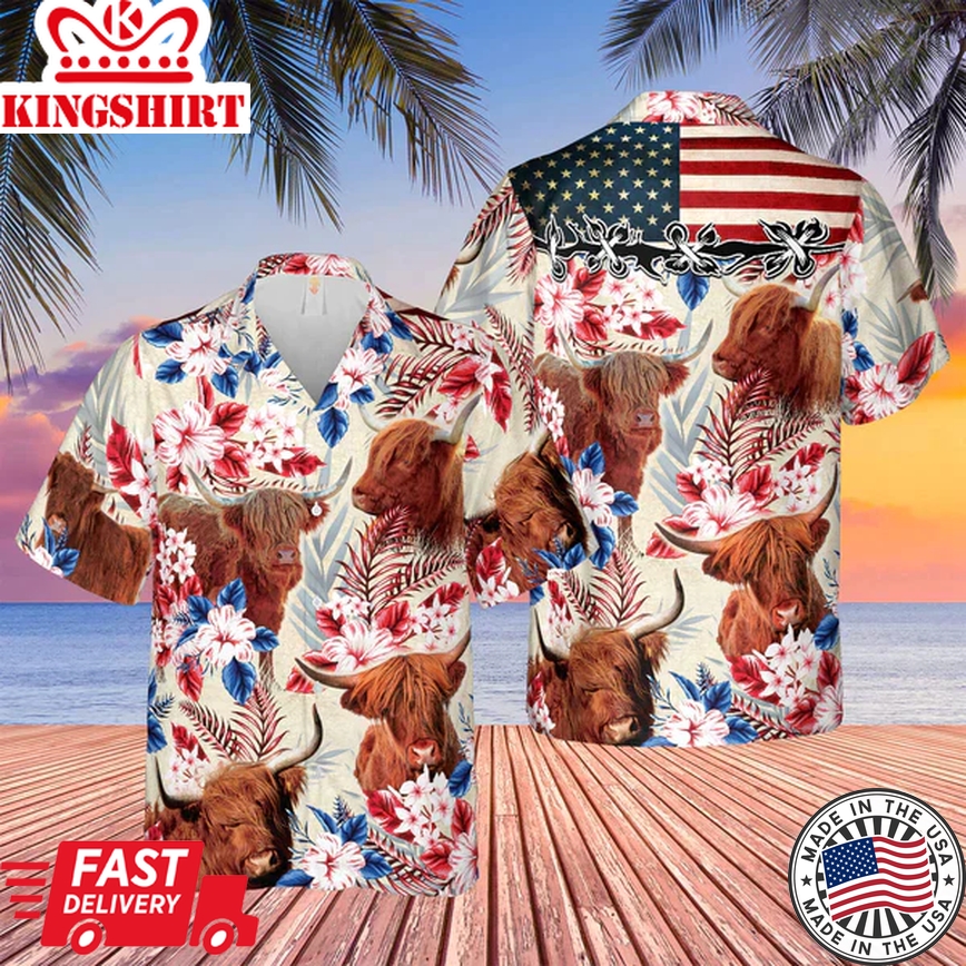 Highland Cattle American Flag Flowers Trendy Hawaiian Shirt, Farm Cow Trendy Hawaiian Shirt For Men And Women