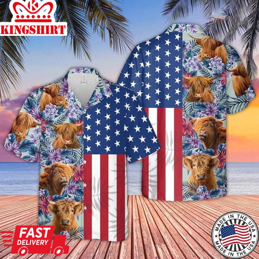 Highland Cattle Flower Pattern Us Flag 3D Trendy Hawaiian Shirt For Men And Women