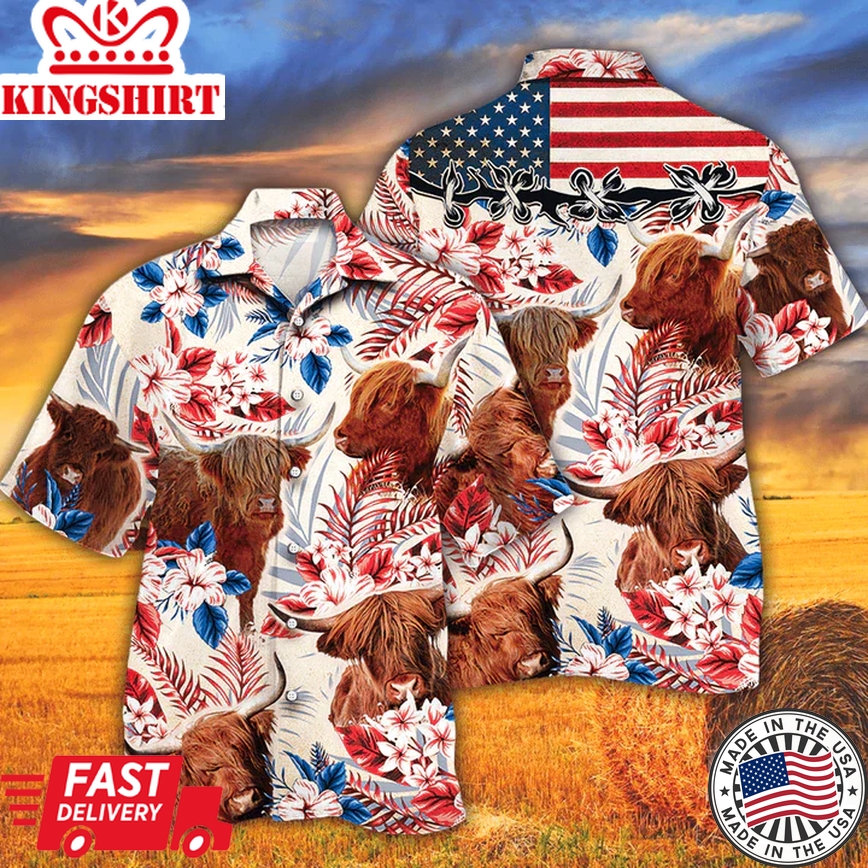 Highland Cattle Lovers American Flag Trendy Hawaiian Shirt, Cow Flower Aloha Shirt, Trendy Hawaiian Shirt Men, Women