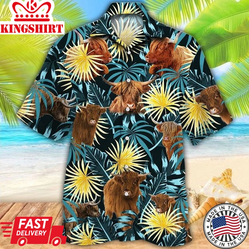 Highland Cattle Lovers Blue And Yellow Plants Hawaiian Shirt