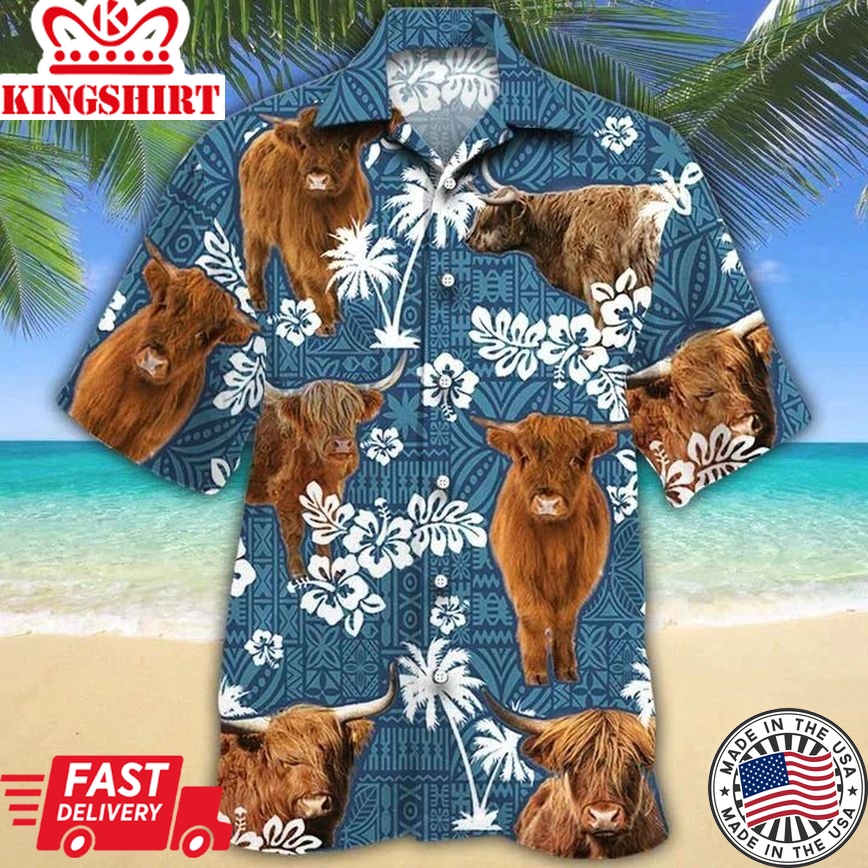 Highland Cattle Lovers Blue Tribal Hawaiian Shirt