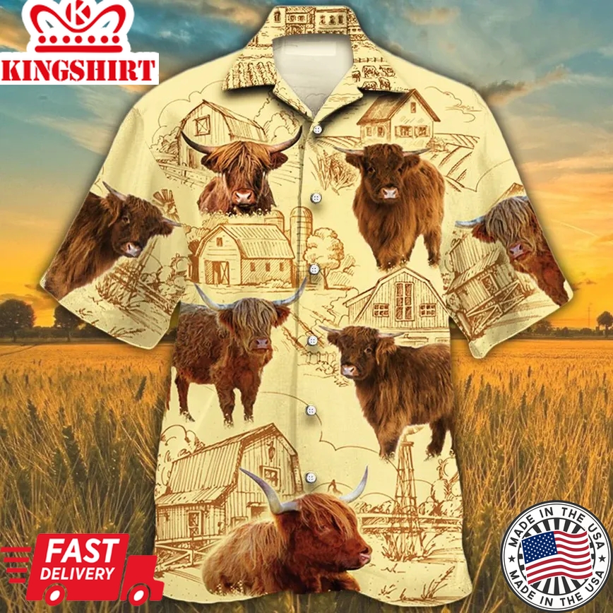 Highland Cattle Lovers Farm Trendy Hawaiian Shirt, Cow Trendy Hawaiian Shirt For Summer Gifts