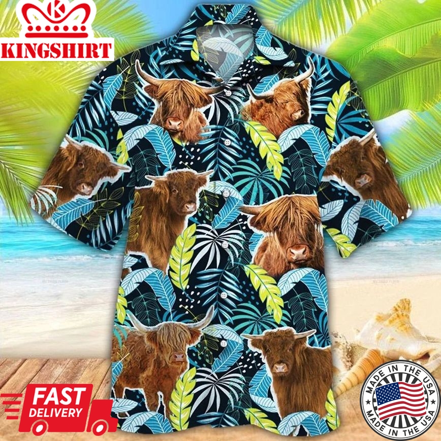 Highland Cattle Lovers Jungle Leaves Hawaiian Shirt