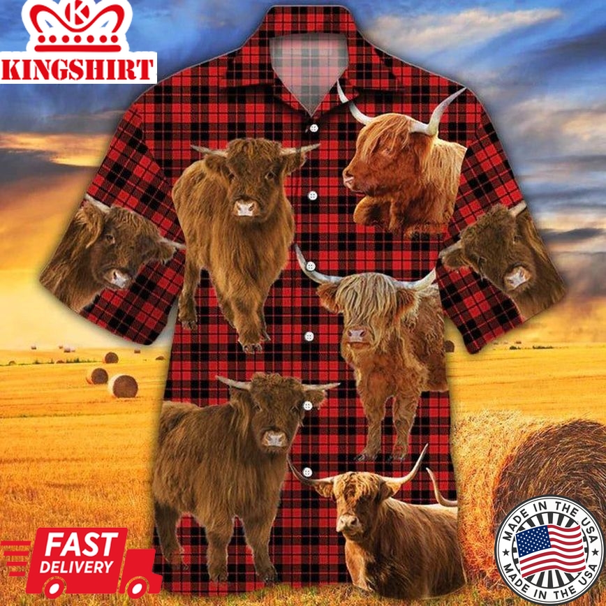 Highland Cattle Lovers Red Tartan Pattern Hawaiian Shirt- Cow Aloha Shirt, Gift For Cow Lovers