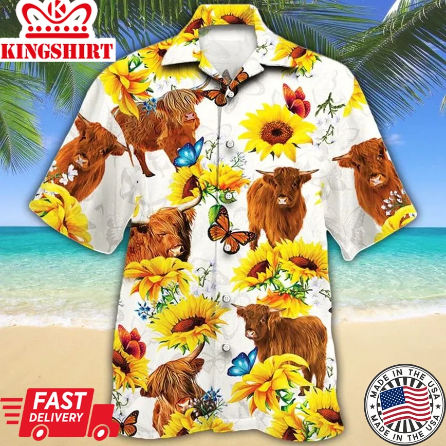 Highland Cattle Lovers Sun Flower Trendy Hawaiian Shirt, Cow Trendy Hawaiian Shirt For Summer Gifts