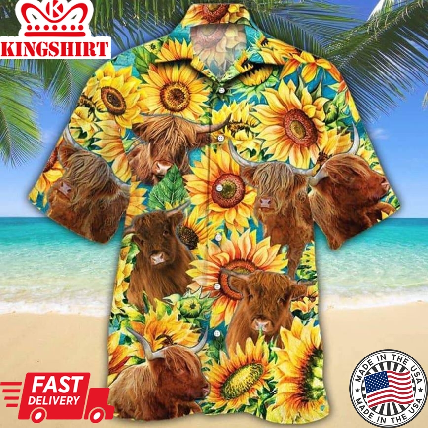 Highland Cattle Lovers Sunflower Watercolor Trendy Hawaiian Shirt, Cow Trendy Hawaiian Shirt For Summer Gifts