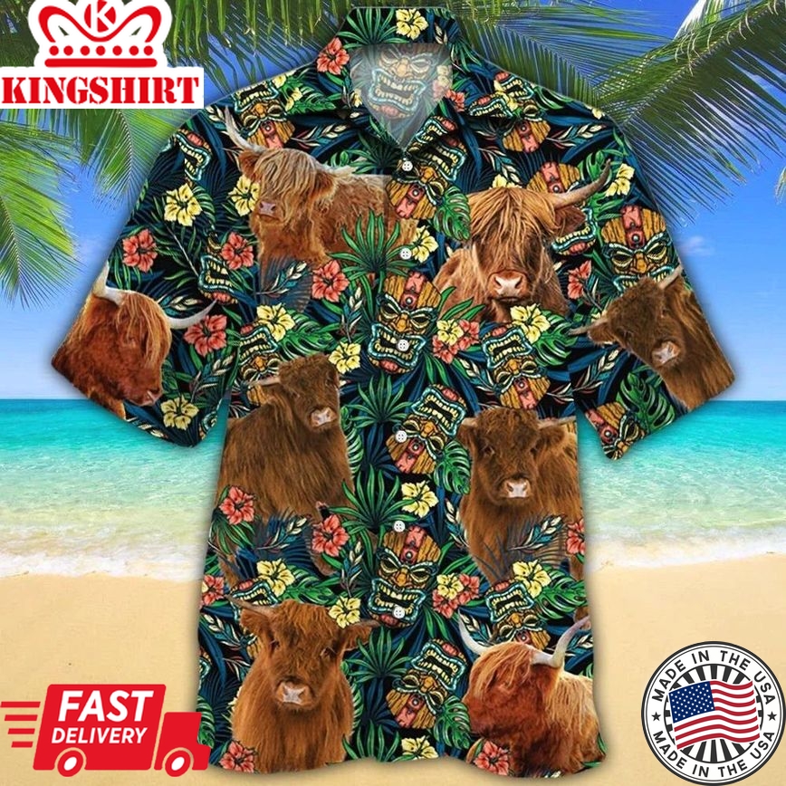 Highland Cattle Lovers Tribal Tiki Mask Hawaiian Shirt