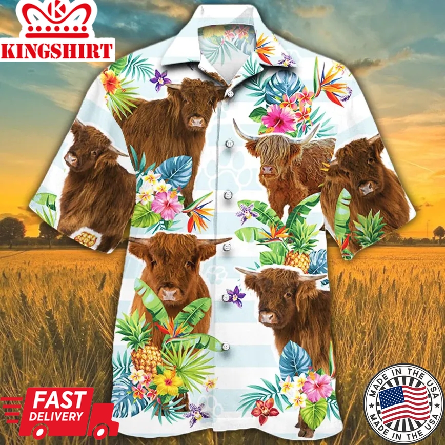 Highland Cattle Lovers Tropical Flower Trendy Hawaiian Shirt, Cow Trendy Hawaiian Shirt For Summer Gifts