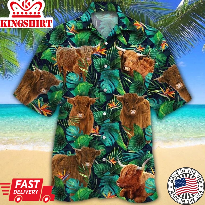 Highland Cattle Lovers Tropical Leaves Hawaiian Shirt