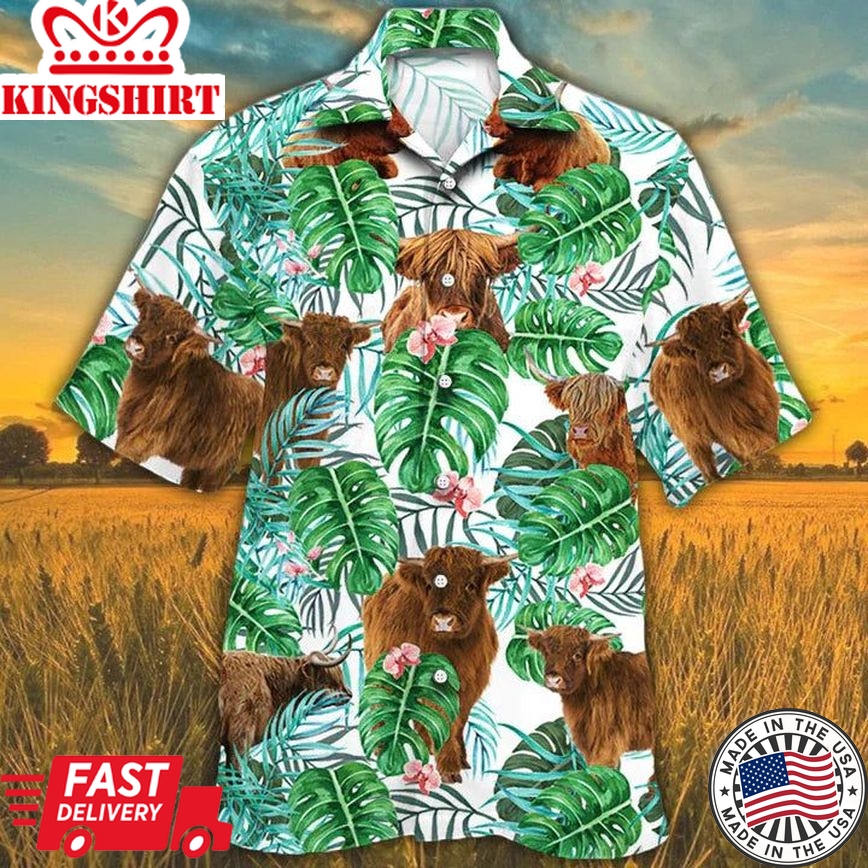 Highland Cattle Lovers Tropical Plant Hawaiian Shirt, Cow Hawaiian Shirt, Hawaiian Shirts For Men, Women