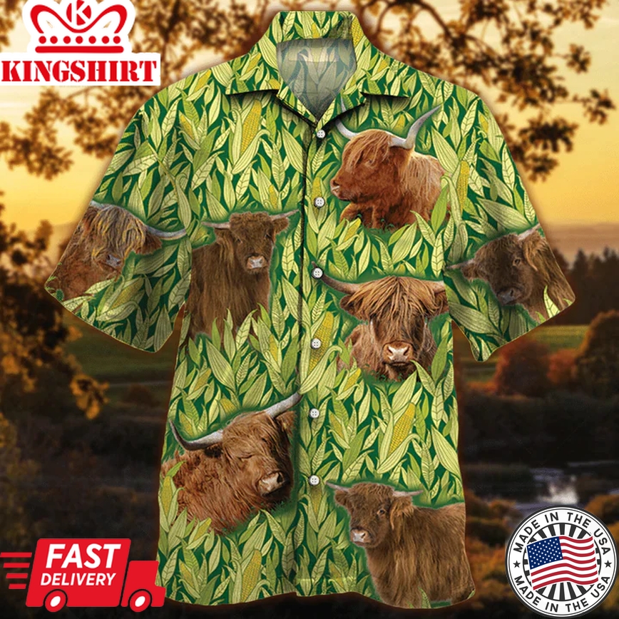 Highland Cattle Trendy Hawaiian Shirt, Vintage Farm Trendy Hawaiian Shirts For Men, Animals Button Down Mens Trendy Hawaiian Shirts