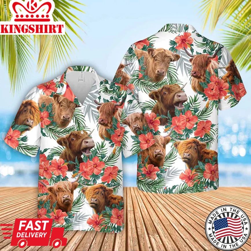 Highland Cow Flowers Trendy Hawaiian Shirt, Gift For Farm Clothing, Summer Gift For Men And Women