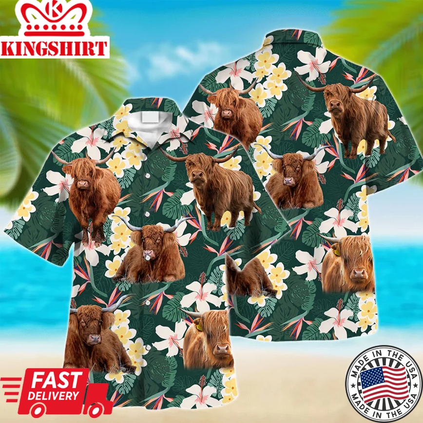 Highland Cow Trendy Hawaiian Shirt, Farm Lover Hawaii Shirt, Trendy Hawaiian Shirt Men, Short Sleeve Hawaiian Aloha Shirt