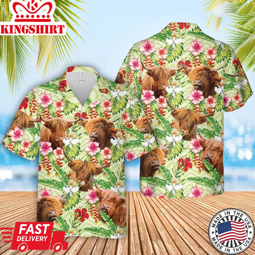 Highland Hibicus Floral 3D Trendy Hawaiian Shirt, Farm Lover Hawaii Shirt, Hawaiian Casual Button Down Shirt