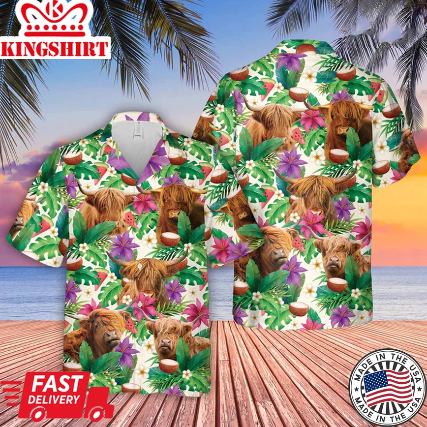 Highland Summer Floral 3D Trendy Hawaiian Shirt, Farm Lover Hawaii Shirt, Hawaiian Casual Button Down Shirt