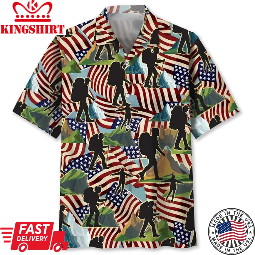 Hiking Usa Trendy Hawaiian Shirt For Men, 4Th Of July Trendy Hawaiian Shirt