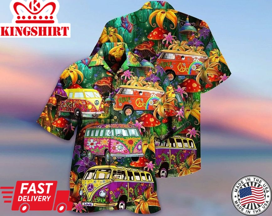 Hippie Bus Peace Life Colorful Style Trendy Hawaiian Shirt, Aloha Short Sleeve Button Down, Gift For Family,Hawaiian Set Gift, Funny Trendy Hawaiian Shirt