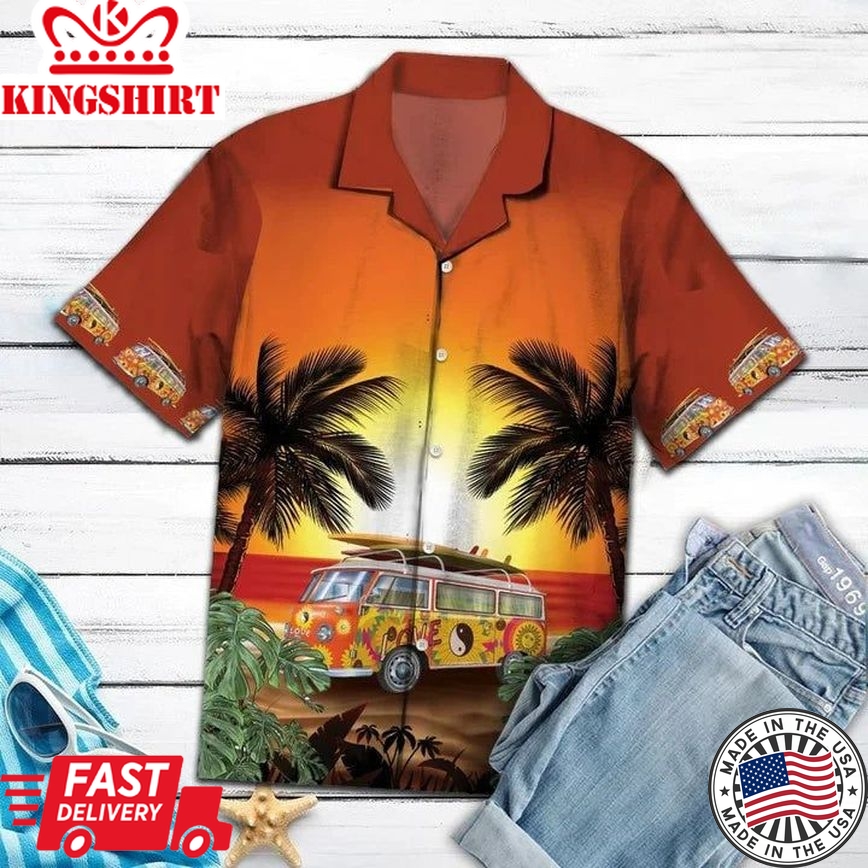 Hippie Bus Under Sunset Palm Tree Beach Themed Pattern Hawaiian Shirt