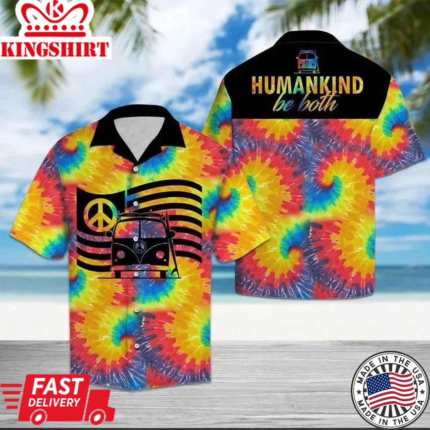 Hippie Car Humankind Be Both Peace Sign Flag On Swirl Tie Dye Hawaiian Shirt