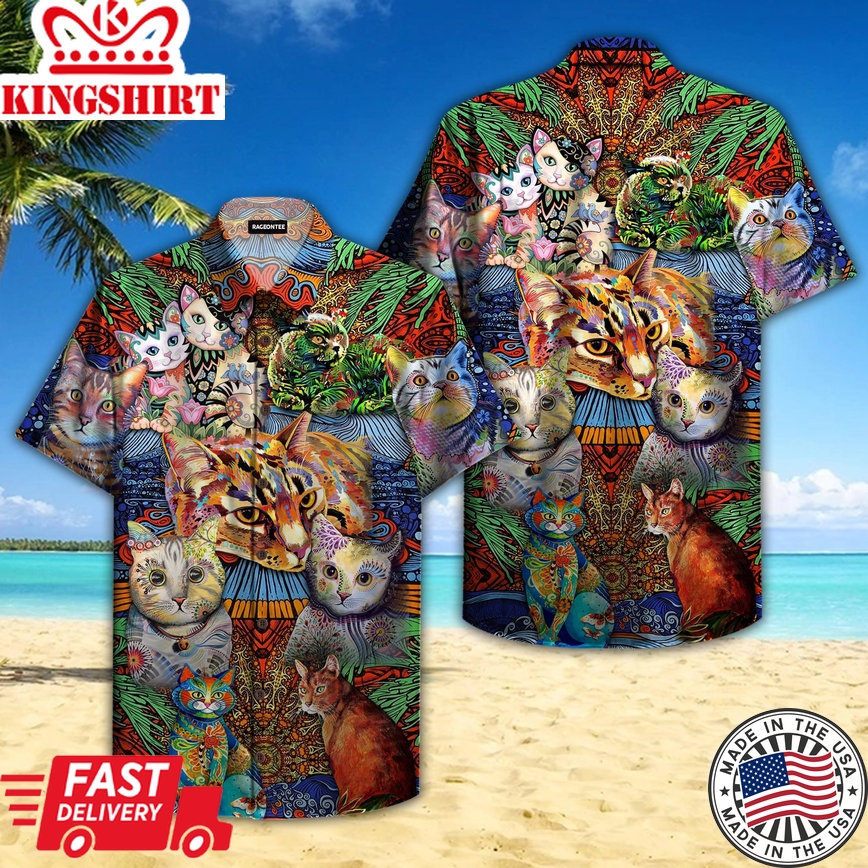 Hippie Cats Peace Life Colorful Trendy Hawaiian Shirt