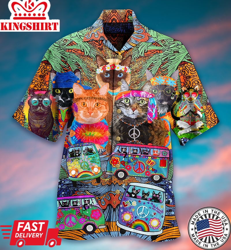 Hippie Cats Peace Love Life Color Hawaiian Shirt