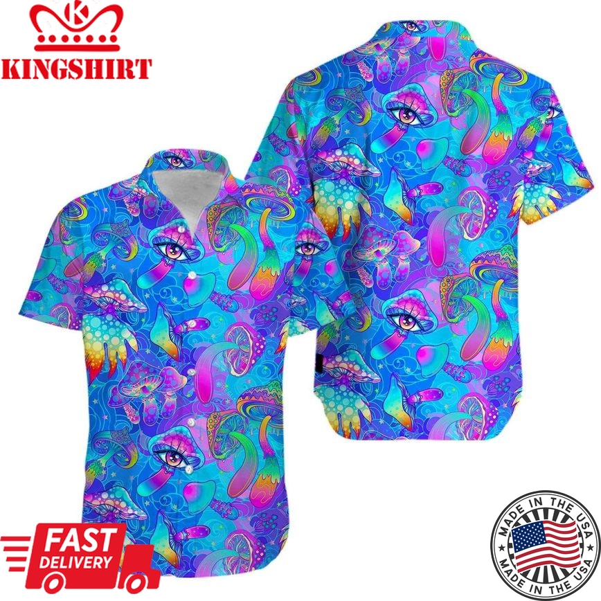 Hippie Hawaii Shirt Hippie Trippy Eyes Mushroom Blue Pink Hawaiian Aloha Shirt