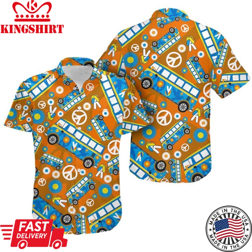 Hippie Hawaiian Shirt Peace Sign Finger Hand Hippie Van Pattern Orange Hawaii Aloha Shirt