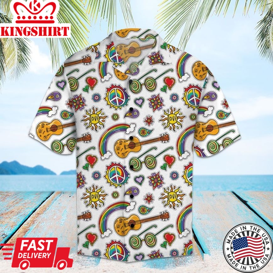 Hippie Hawaiian Shirt Peace Sign Sun Glasses Guitar Pattern White Hawaii Aloha Shirt