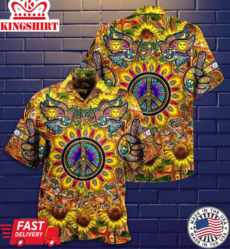 Hippie Shirt Hippie Peace Sign Sunflower Pigeon Yellow Hawaii Aloha Shirt