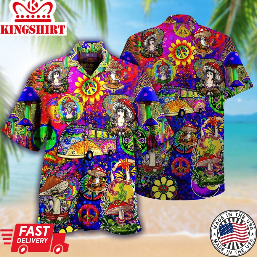 Hippie Shirt Hippie Van Mushroom Blue Hawaii Aloha Shirt