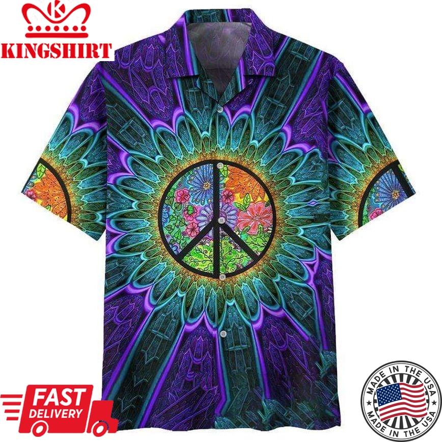 Hippie Shirt Peace Symbol Sunflower Green Blue Hawaii Aloha Shirt