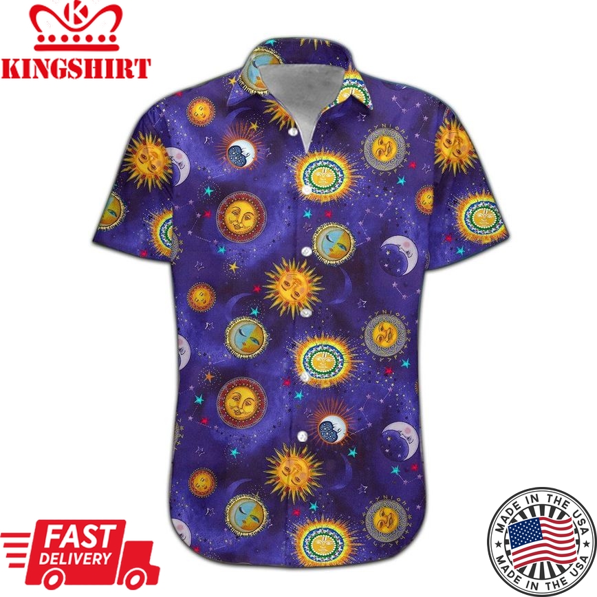 Hippie Shirt The Sun And The Moon Pattern Galaxy Blue Hawaiian Aloha Shirt