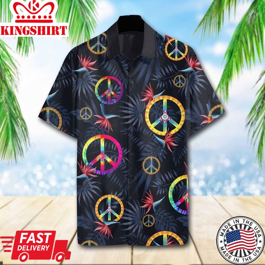 Hippie Shirt Tie Dye Peace Symbol Pattern Tropical Black Hawaii Aloha Shirt