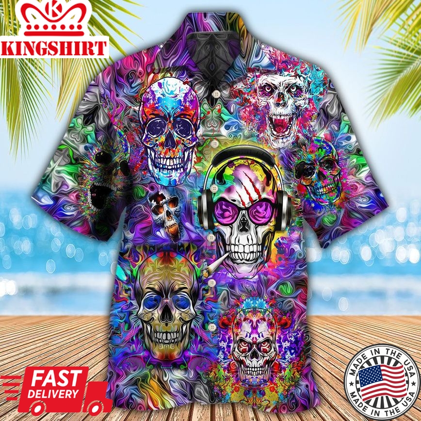 Hippie Skull Colorful Flowers Hawaiian Shirt