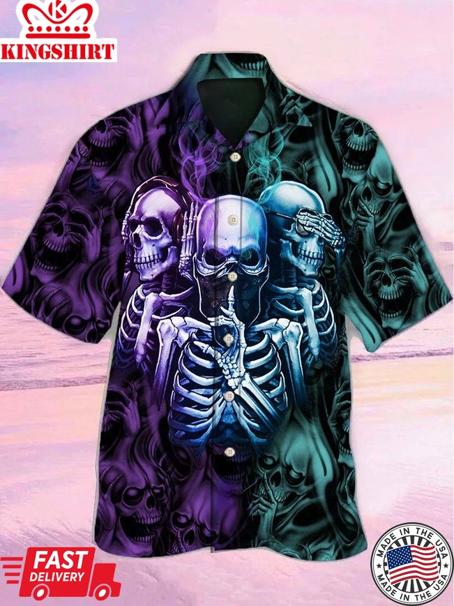 Hippie Skulls: Hawaiian Shirt with Skull Color Flowers Design