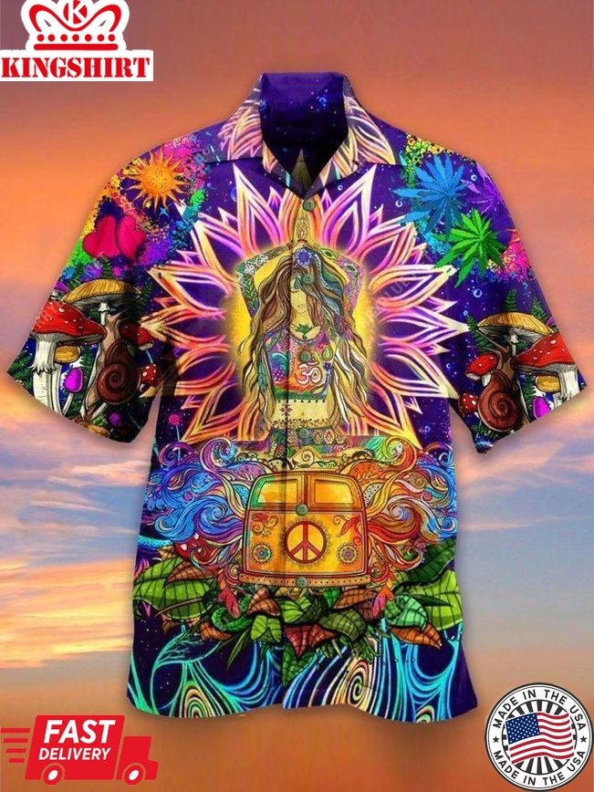 Hippie Trendy Hawaiian Shirt Girl Mediating Hippie Van Mushroom Blue Hawaii Aloha Shirt