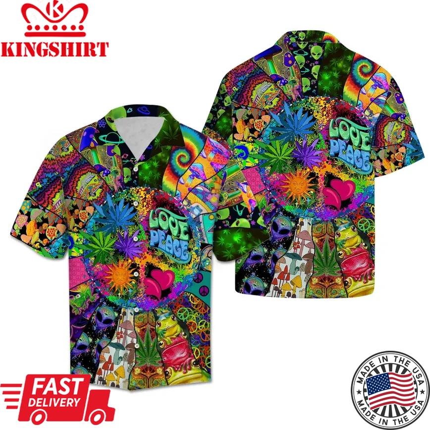 Hippie Trendy Hawaiian Shirt Love Peace Hippie Mushroom Alien Symbols Hawaii Aloha Shirt