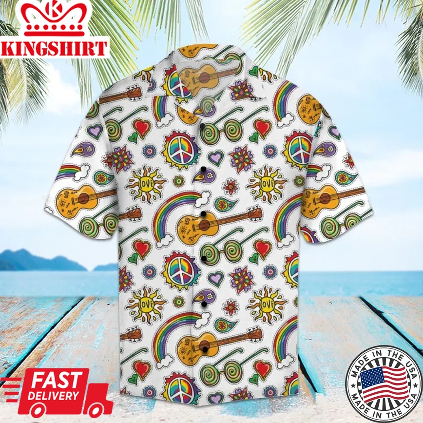 Hippie Trendy Hawaiian Shirt Peace Sign Sun Glasses Guitar Pattern White Hawaii Aloha Shirt