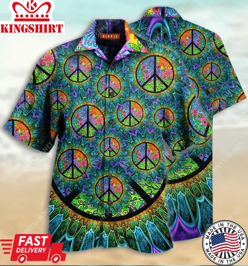 Hippie Trendy Hawaiian Shirt Peace Symbols Pattern Flower Green Hawaii Aloha Shirt