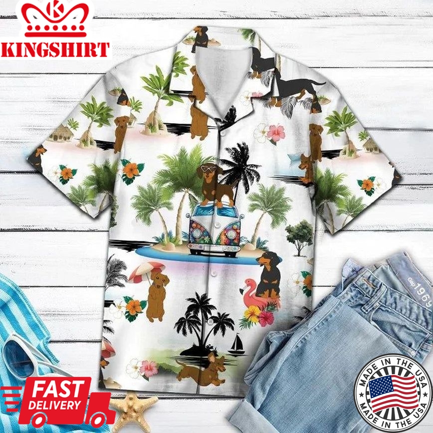 Hippie Van Dachshund Dog Enjoy The Vacation On Island Hawaiian Shirt, Short Sleeve Hawaiian Aloha Shirt For Men