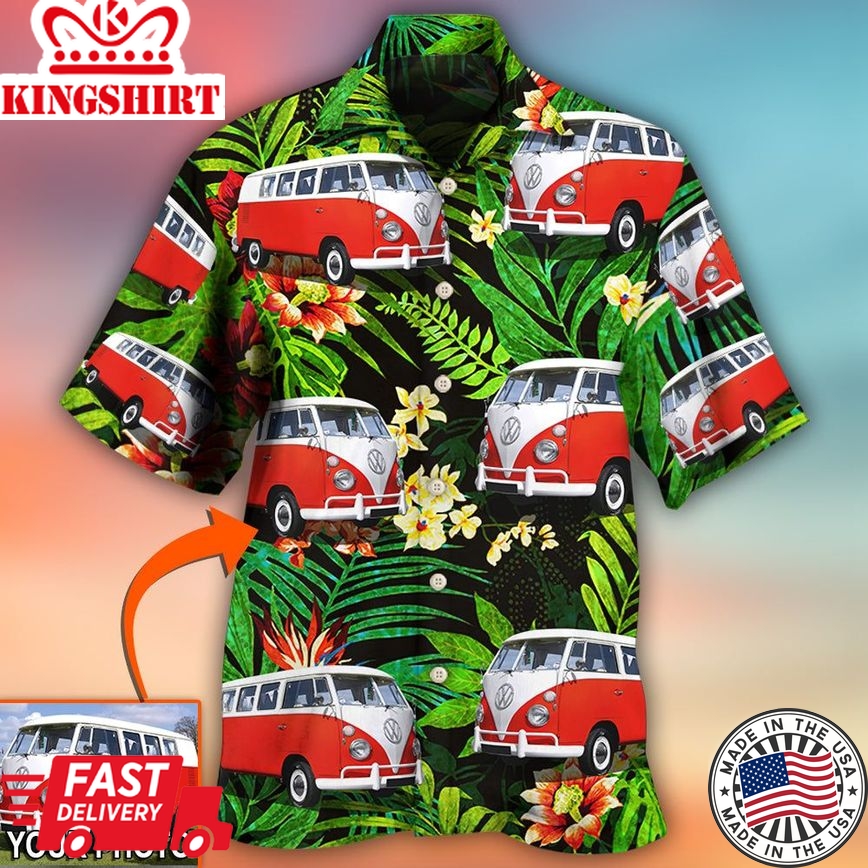 Hippie Van Volkswagen Camper Van Tropical Flower Custom Photo Hawaiian Shirt