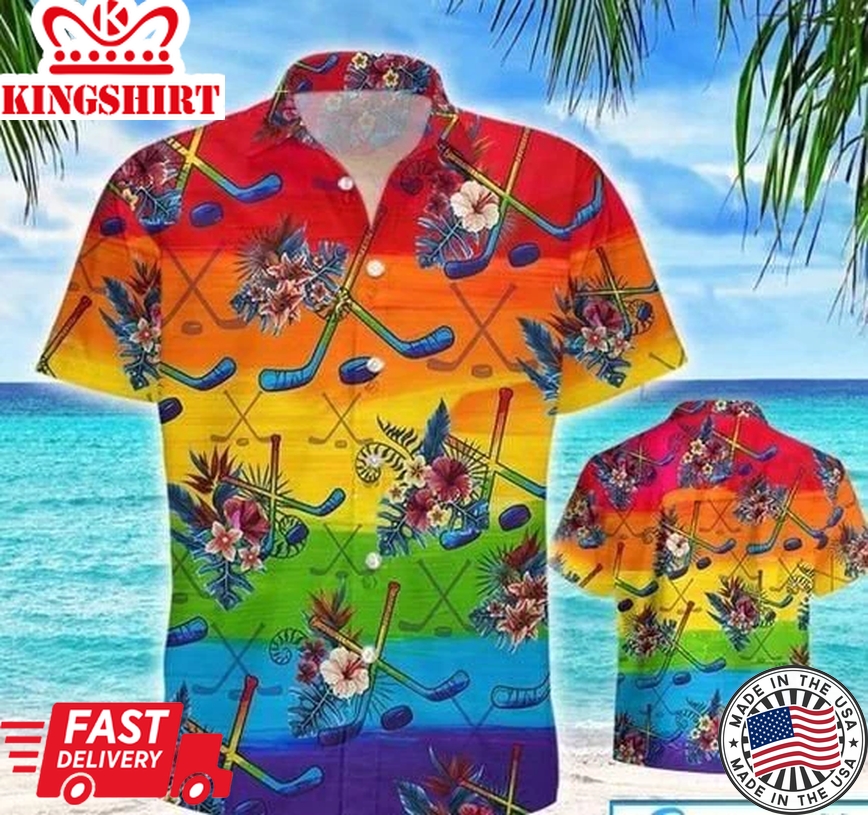 Hockey Lgbt Aloha Trendy Hawaiian Shirts For Summer, Hockey Tropical Colorful Rainbow Lgbt Trendy Hawaiian Shirts, Pride Gift For Gaymer And Lesbian