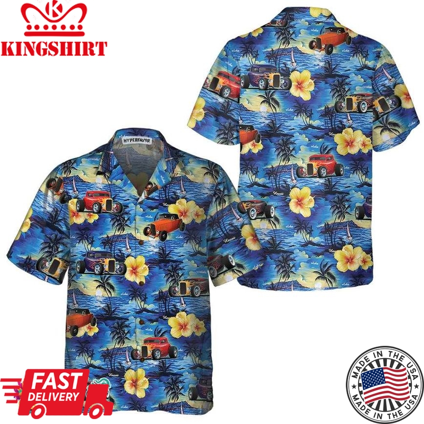 Hod Rod And Tropical Hibiscus Pattern Hawaiian Shirt, Cool Hot Rod Shirt For Men