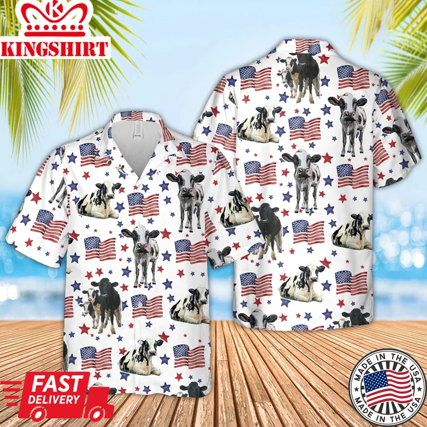 Holstein American Flag Pattern Trendy Hawaiian Shirt For Men And Women, 4Th Of July Trendy Hawaiian Shirt